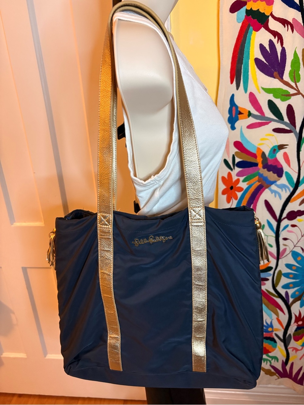 Lilly Pulitzer Navy Tote with Gold Straps and Tassels